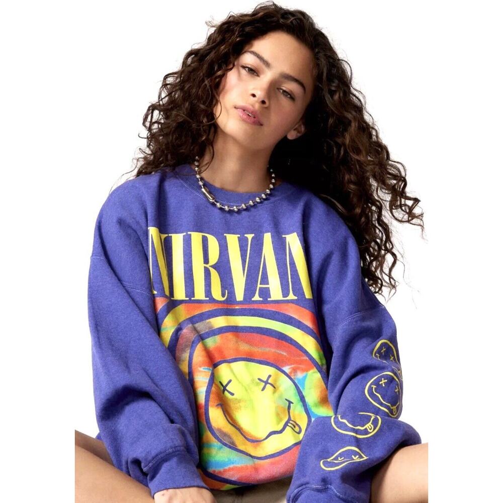 Nirvana Smile Overdyed Sweatshirt Purple S/M Urban Outfitters OVERSIZED *SEALED